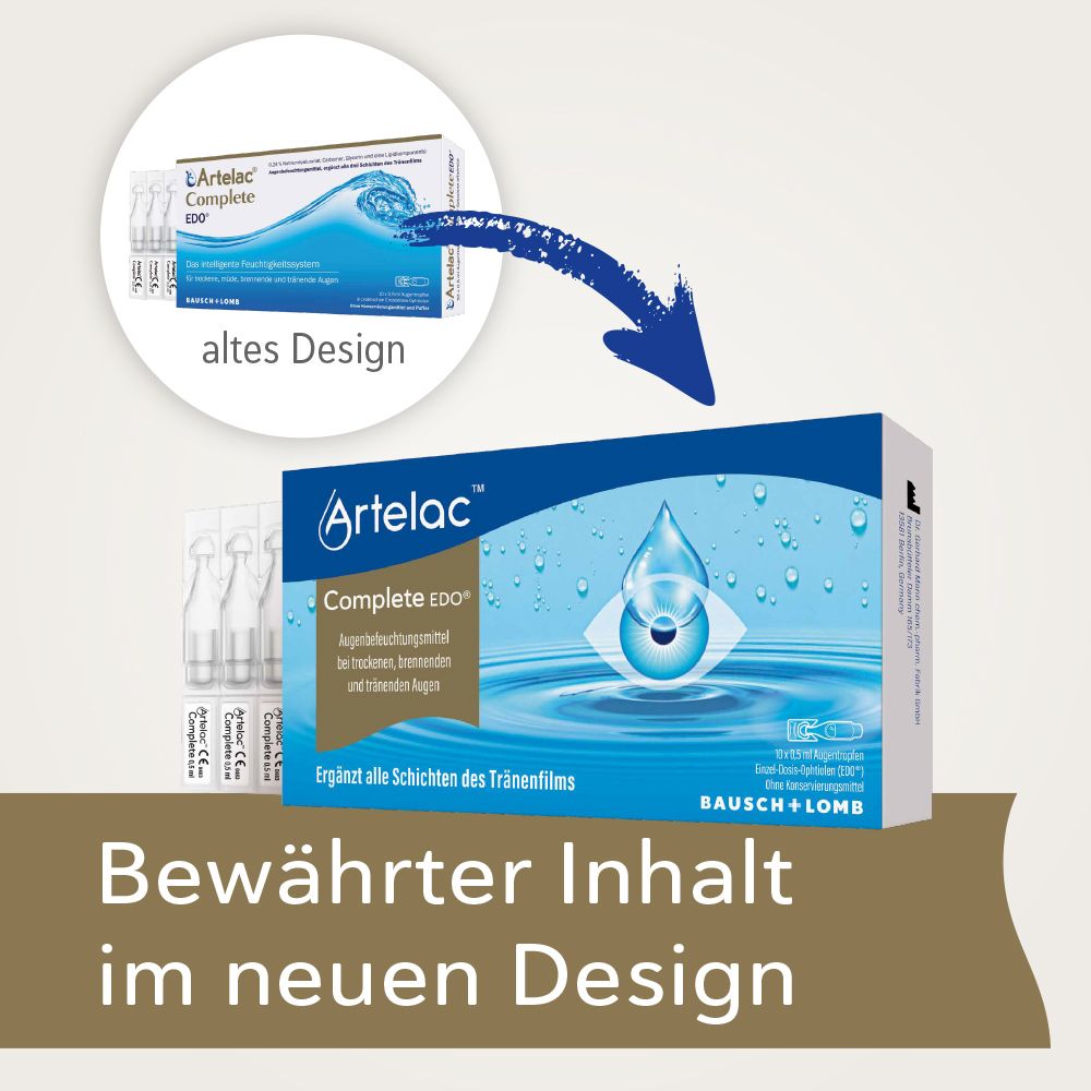 Artelac Complete EDO verpakking. Vergelijking oud en nieuw design. Bausch + Lomb.