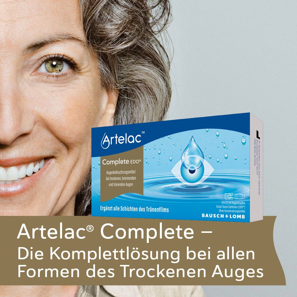 Vrouw met Artelac Complete EDO verpakking. Oogdruppels voor droge ogen. Bausch + Lomb.