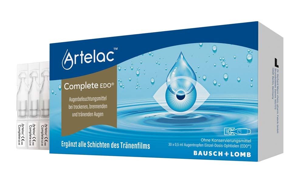 Artelac Complete EDO verpakking. Bevat individuele doses. Blauwe en witte verpakking met productinformatie.