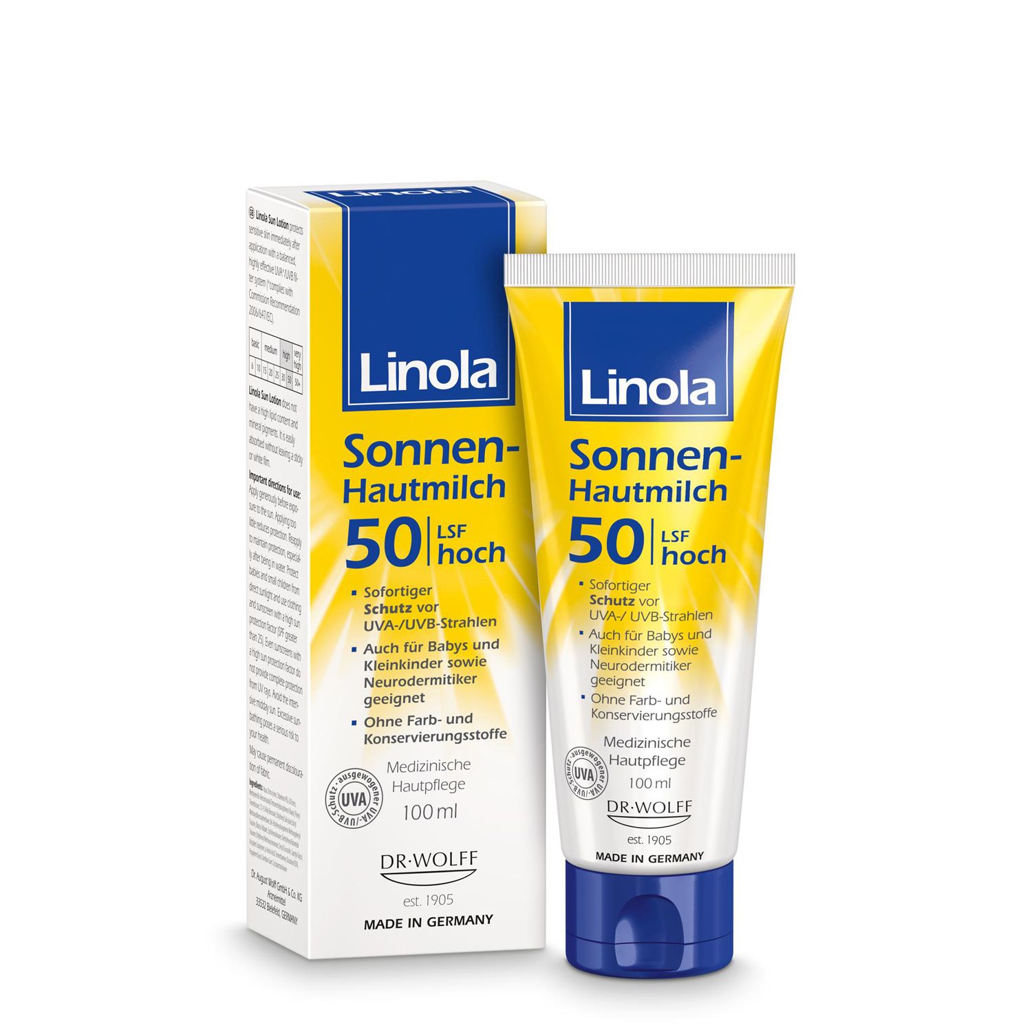 Linola Sonnen-Hautmilch SPF 50, tube en verpakking. Geel-wit, blauwe accenten. Medische huidverzorging voor droge, gevoelige huid.