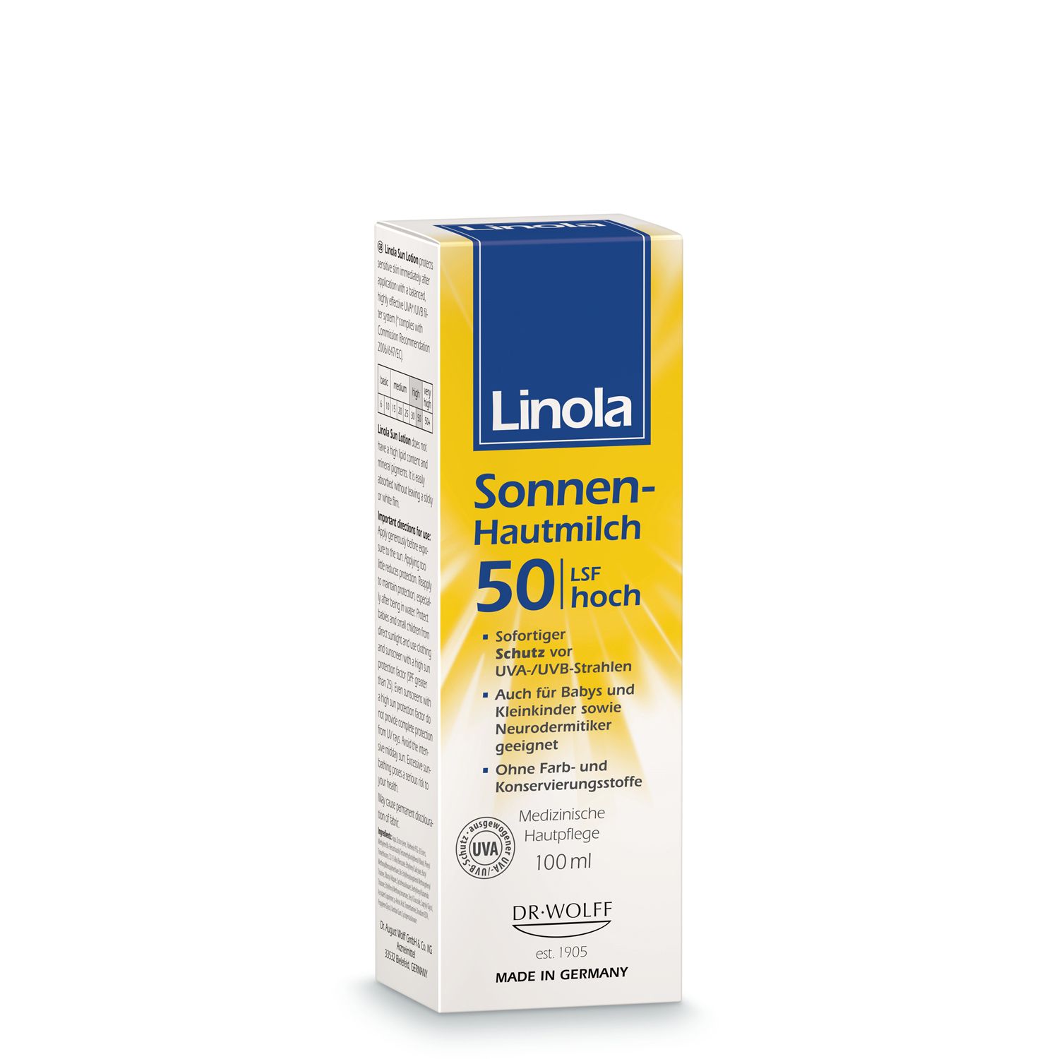 Linola Sonnen-Hautmilch SPF 50, verpakking. Wit, geel en blauw. Medische huidverzorging voor droge, gevoelige huid.