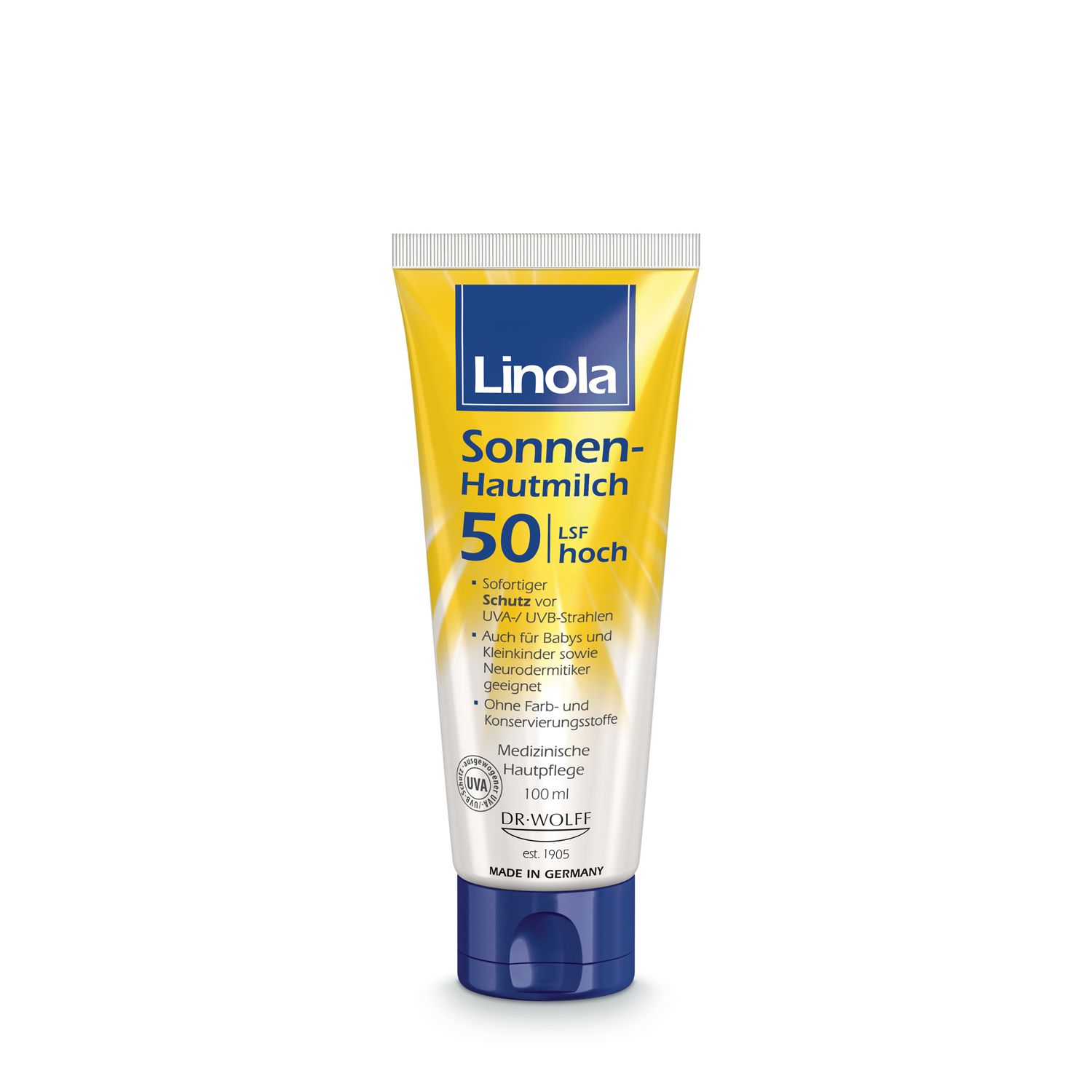 Linola Sonnen-Hautmilch SPF 50, tube. Geel-wit, blauwe dop. Medische huidverzorging voor droge, gevoelige huid.