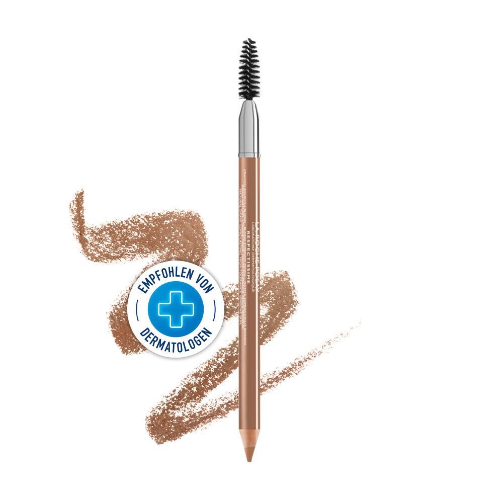 Wenkbrauwpotlood met borsteltje en dermatologisch aanbevolen zegel.