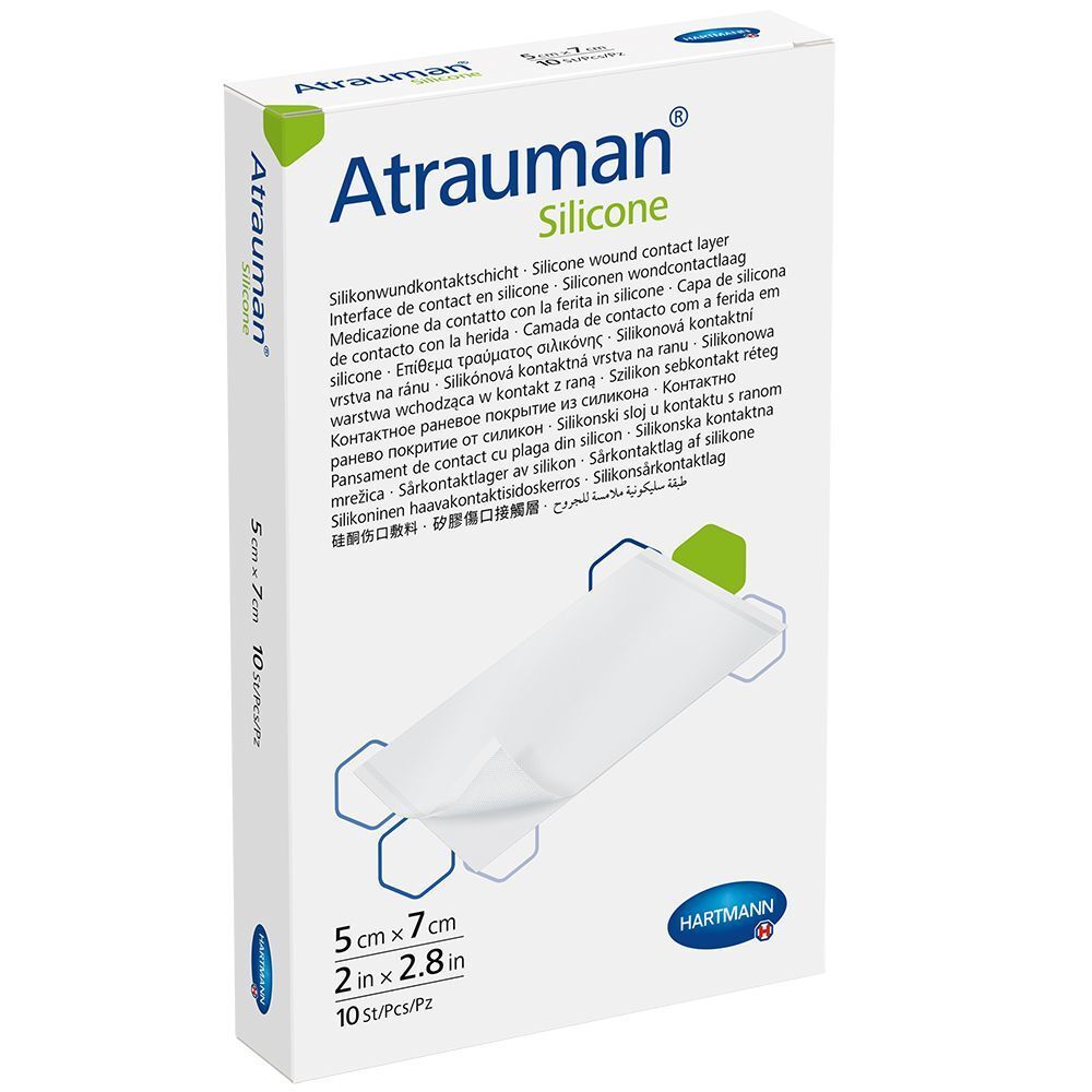 Emballage Hartmann Atrauman® Silicone. Dimensions 5 x 7 cm. 10 pièces par boîte. Marque et nom du produit visibles.