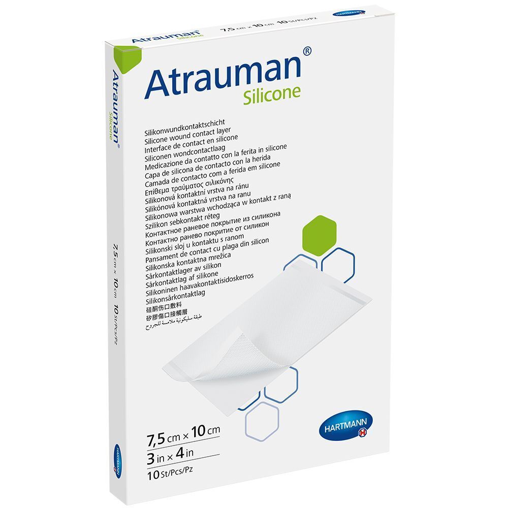 Emballage Atrauman Silicone. Dimensions 7,5 x 10 cm. Contient 10 pièces. Logo Hartmann.