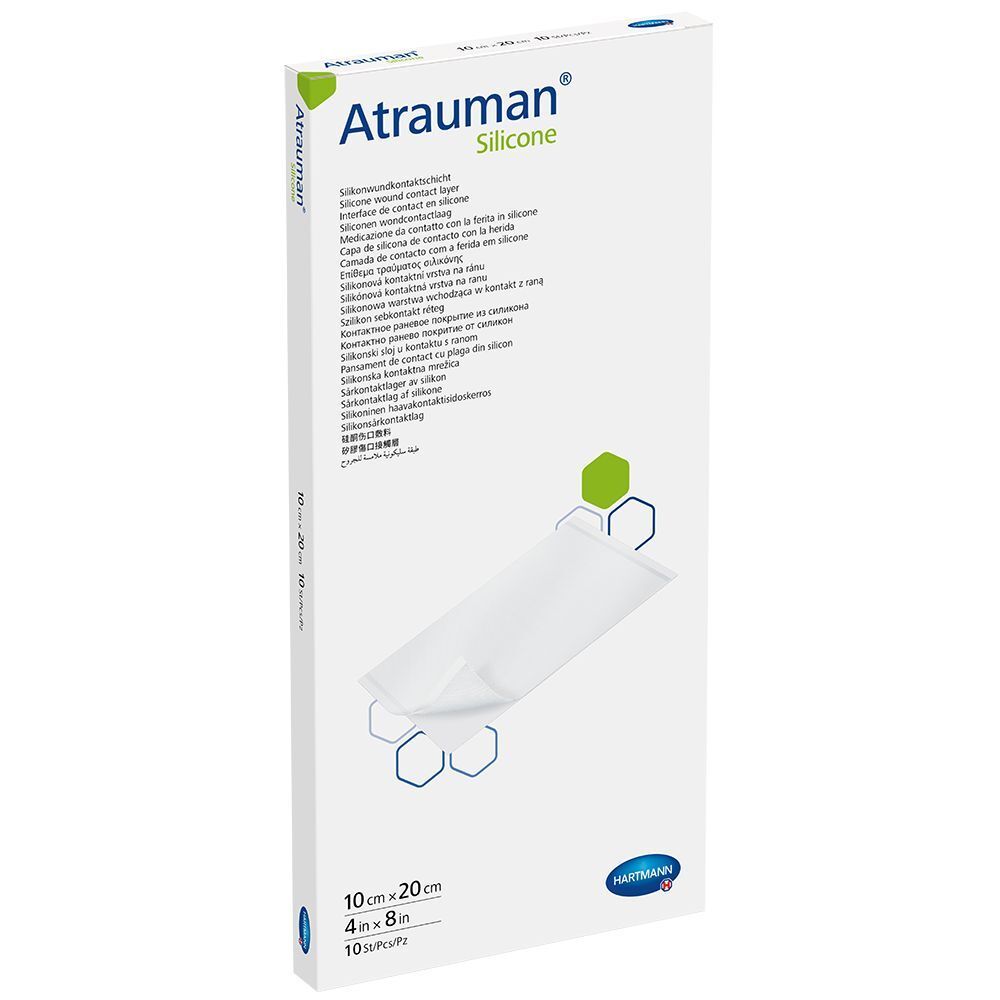 Emballage Atrauman Silicone. Pansement blanc, 10x20cm. Marque et nom du produit visibles.