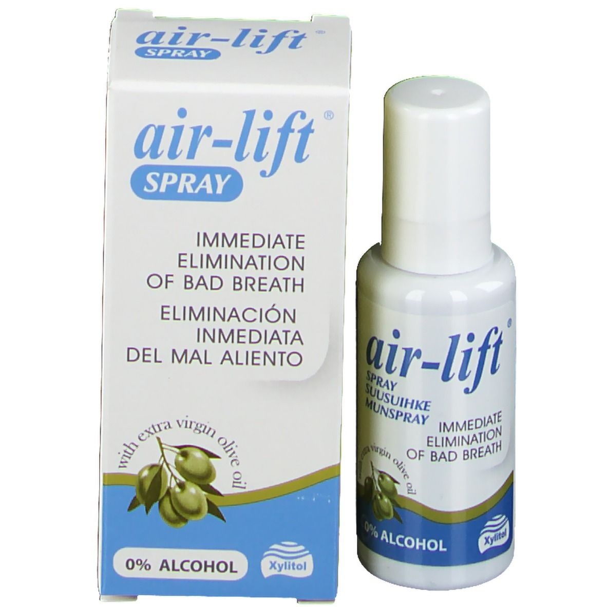 Mondspraysfles en verpakking. Verpakking met tekst: air-lift Spray, 0% alcohol. Met olijf-illustratie.