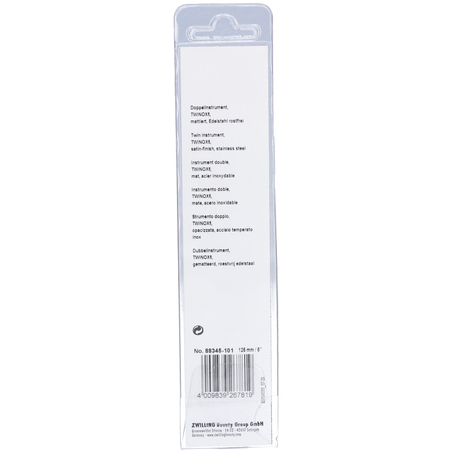 Achterkant van de blisterverpakking. Productinformatie en barcode. Merk ZWILLING. Mat roestvrij staal.