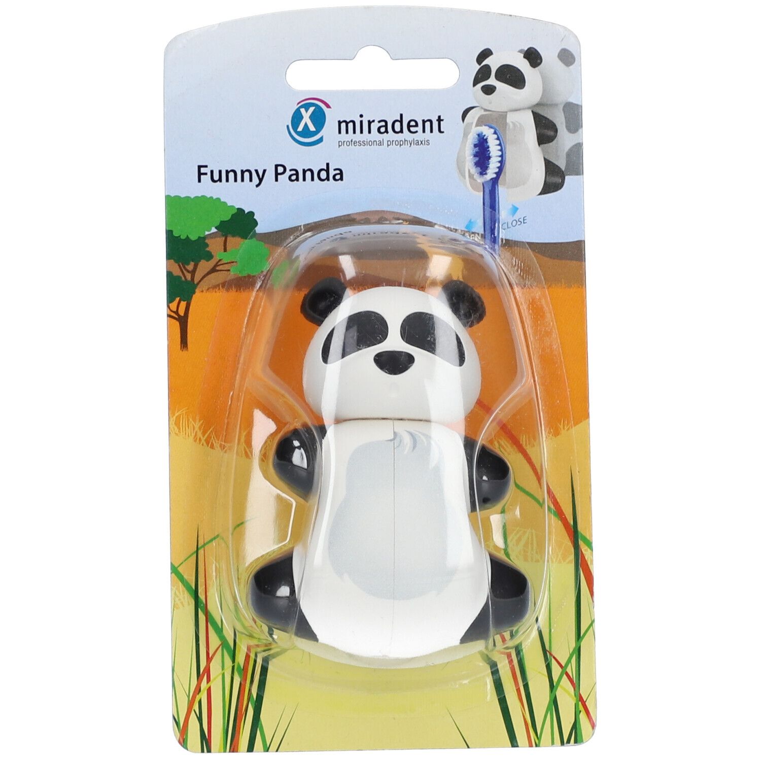 Tandenborstelhouder Panda in blisterverpakking. Zwart-wit, met zuignappen. Merk: miradent.