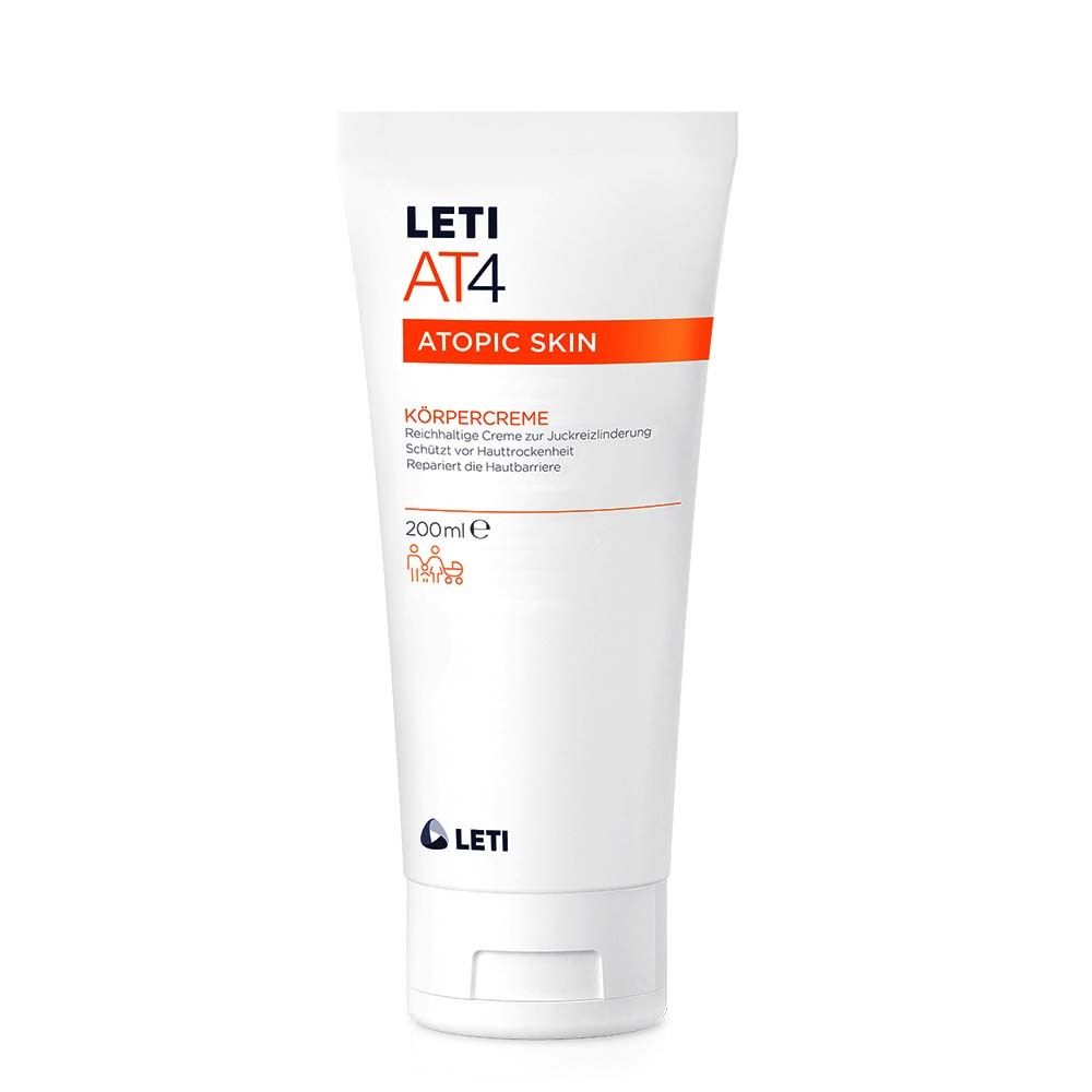 Tube blanche LETI AT4 Körpercreme. Bande orange avec texte. 200ml.
