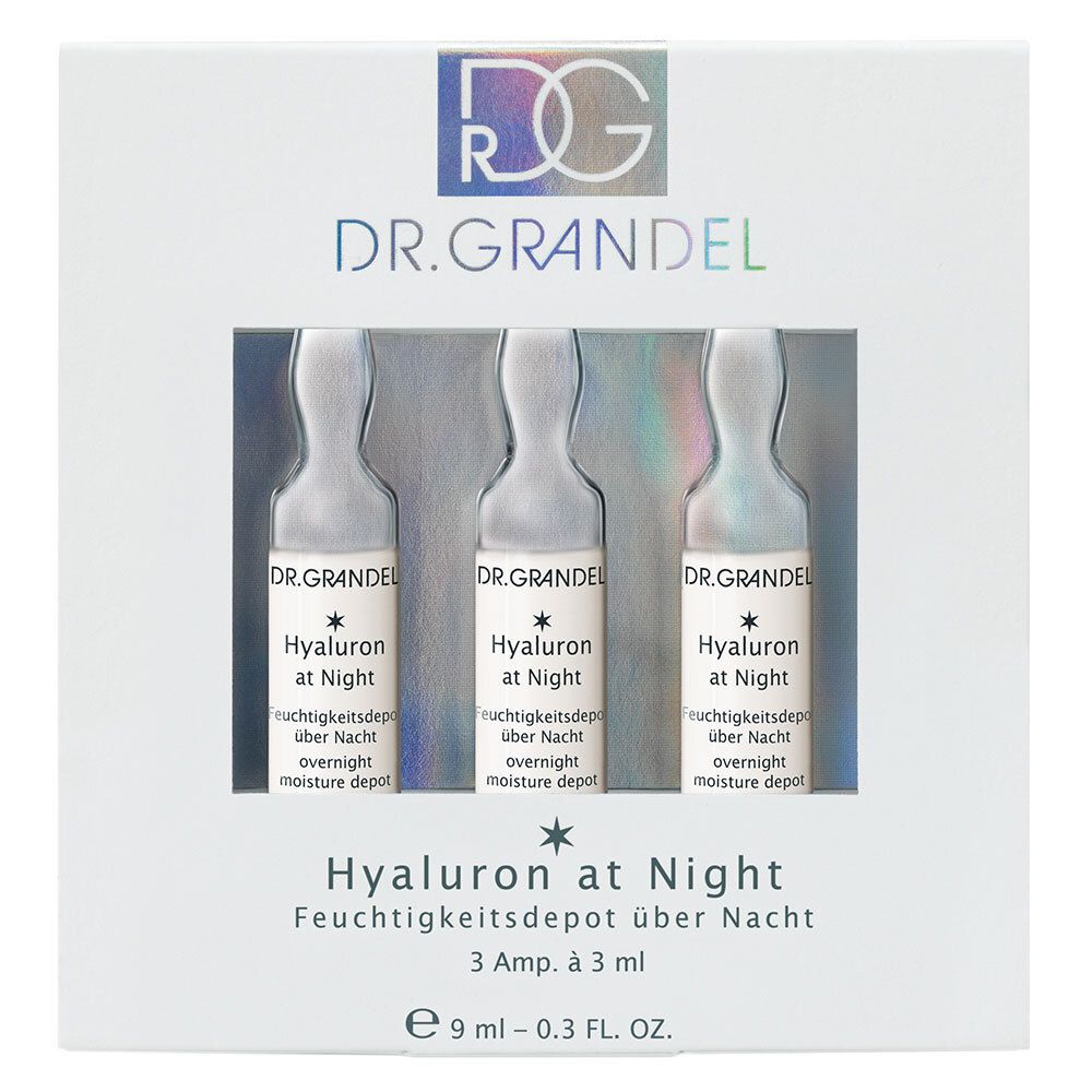 Witte verpakking met drie ampullen. Opschrift: DR. GRANDEL, Hyaluron at Night. Transparant venster.