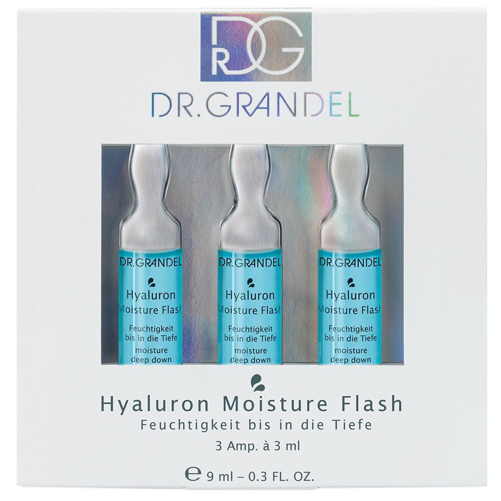 Boîte blanche avec trois ampoules. Inscription: DR. GRANDEL, Hyaluron Moisture Flash. 3 ampoules de 3 ml.
