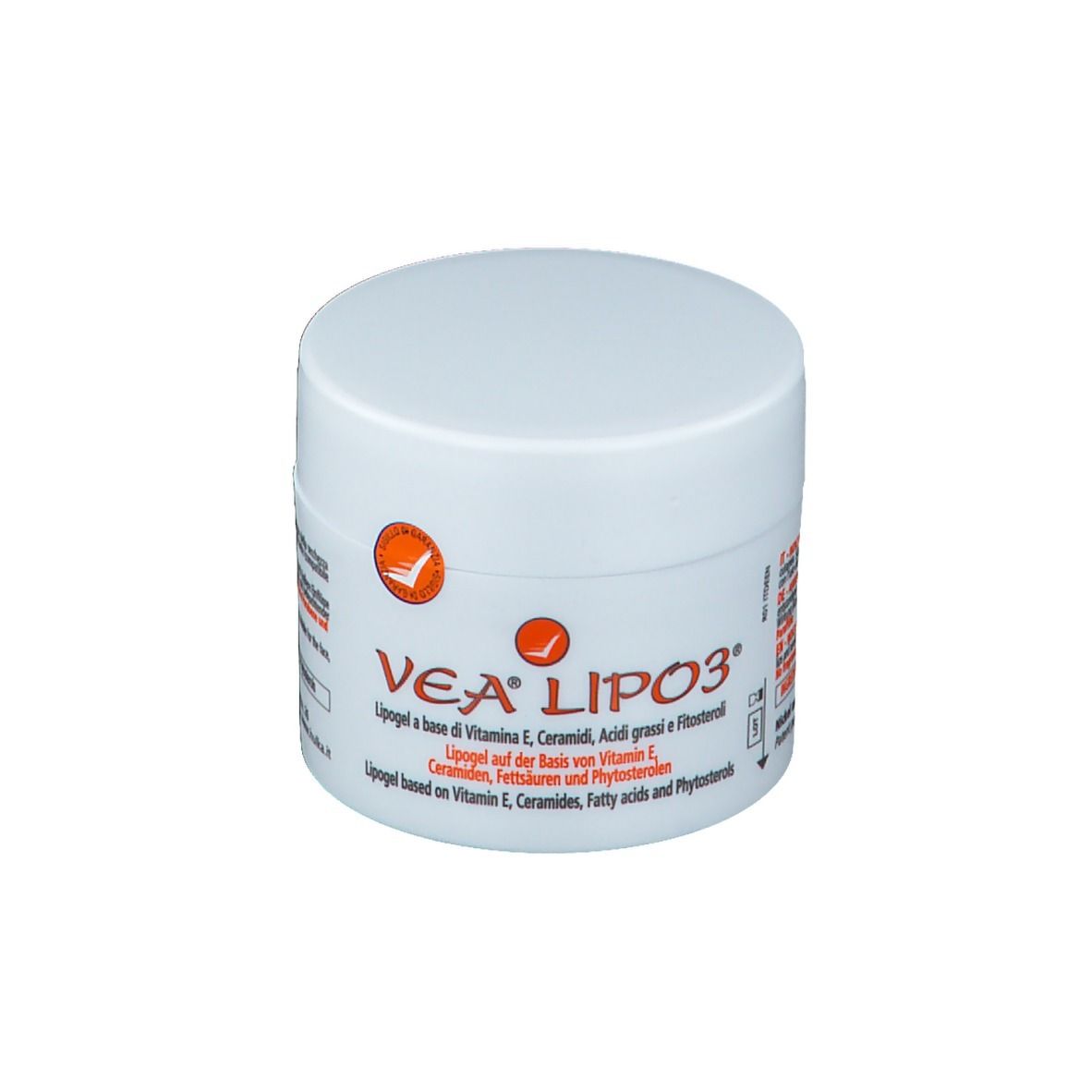 Pot blanc avec impression VEA LIPO3. Logo orange. Texte : Lipogel à base de vitamine E, céramides, acides gras et phytostérols.