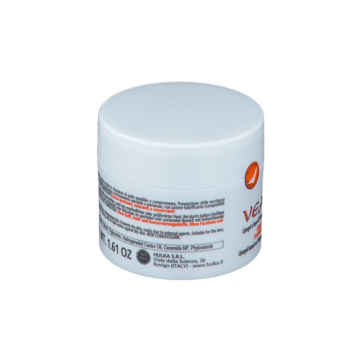 Pot blanc avec impression VEA LIPO3. Texte : 50 ml / NET WT. 1.61 OZ. Texte sur la composition et l'utilisation du produit. Adresse.