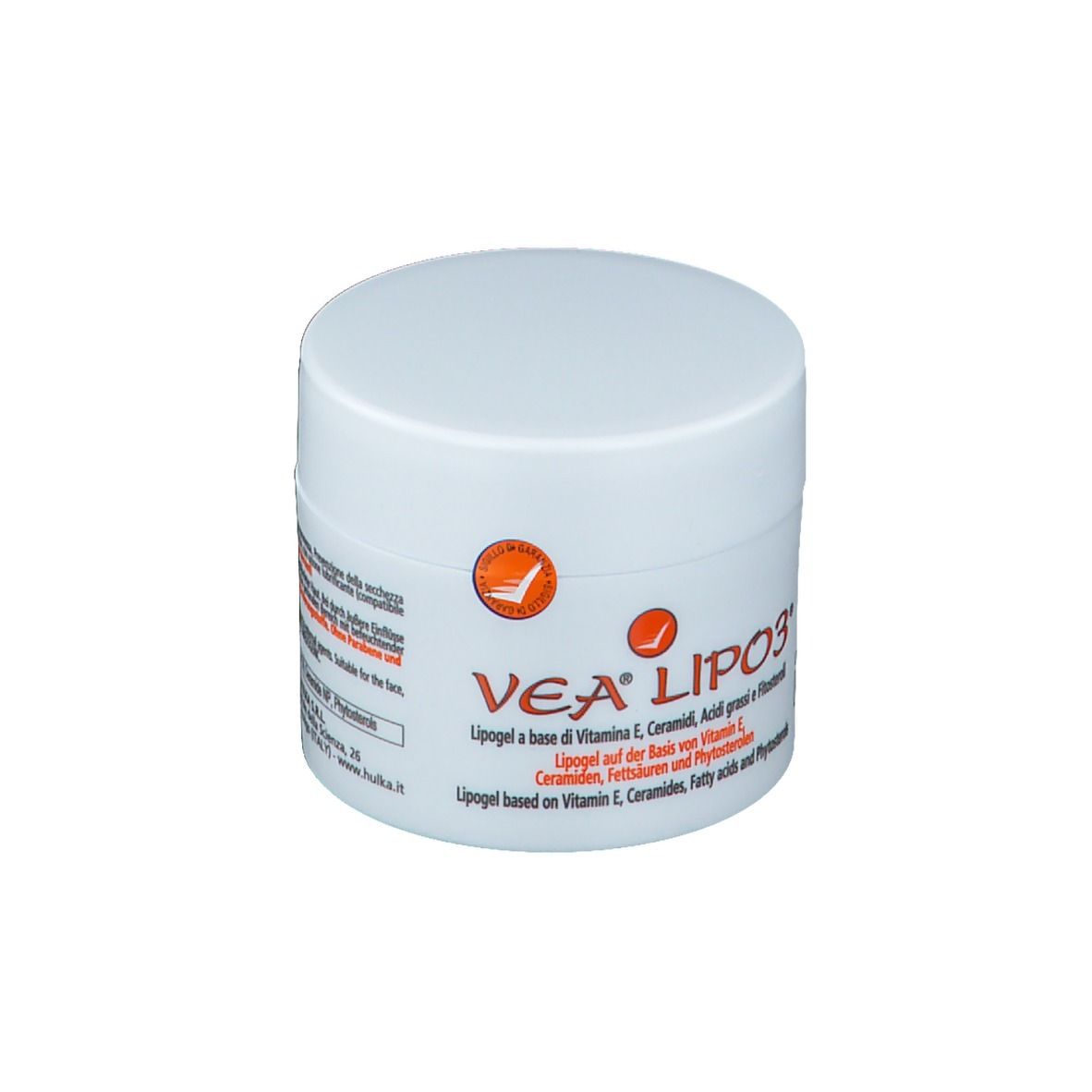 Pot blanc avec impression VEA LIPO3. Logo orange. Texte : Lipogel à base de vitamine E, céramides, acides gras et phytostérols.