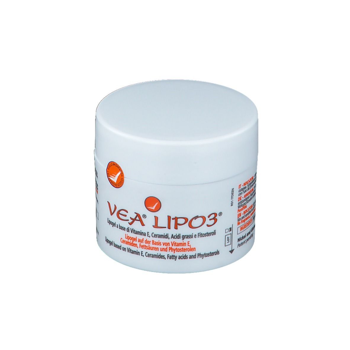 Pot blanc avec impression VEA LIPO3. Logo orange. Texte : Lipogel à base de vitamine E, céramides, acides gras et phytostérols.