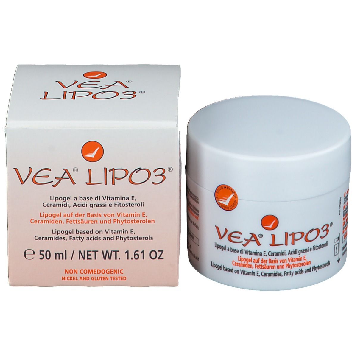 Produit et emballage VEA LIPO3. Pot et boîte blancs. Texte : 50 ml / NET WT. 1.61 OZ. Non comédogène. Testé sans nickel ni gluten.