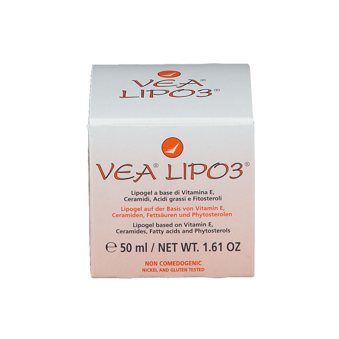 Emballage VEA LIPO3. Boîte blanche. Texte : 50 ml / NET WT. 1.61 OZ. Non comédogène. Testé sans nickel ni gluten. Logo orange.
