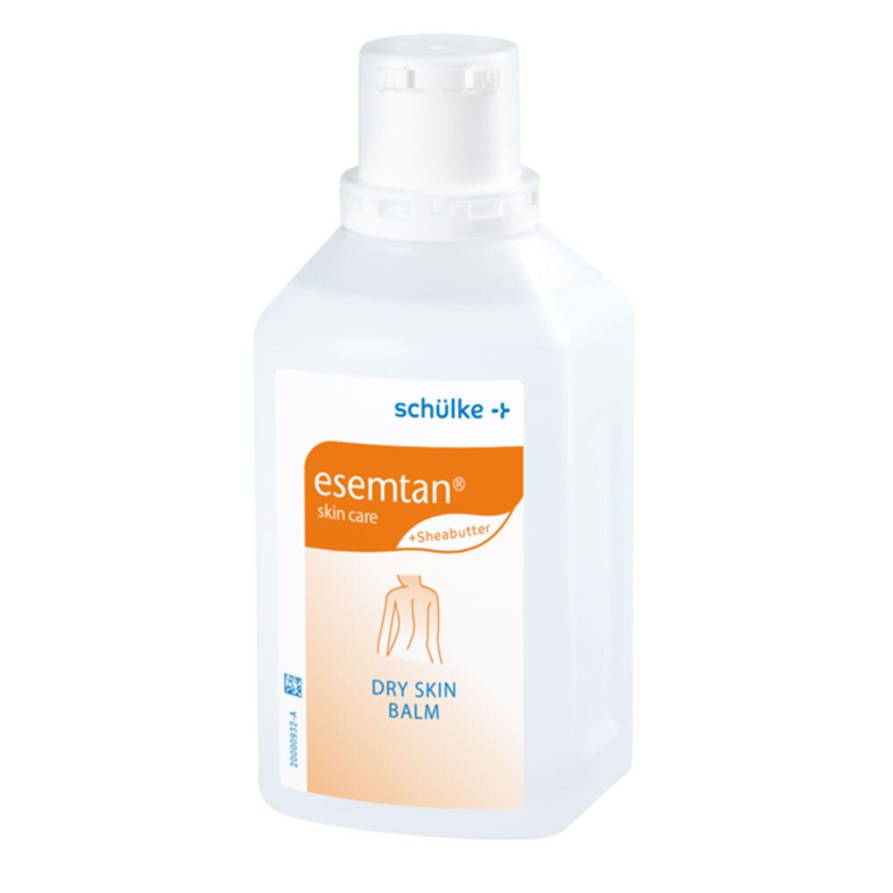 Flacon esemtan® Dry Skin Balm. Récipient blanc avec bouchon blanc. Étiquette orange avec nom du produit et illustration.
