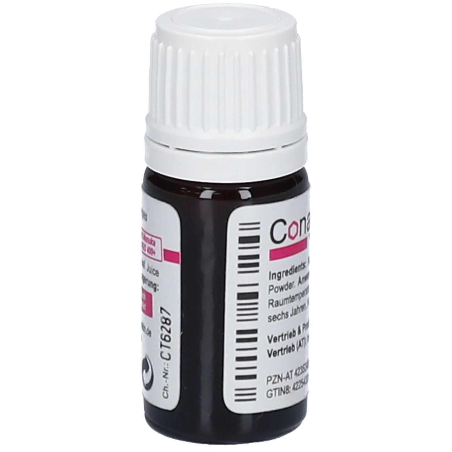 Bruine glazen fles met witte dop. Etiket met productnaam en ingrediënten. PZN-nummer zichtbaar.