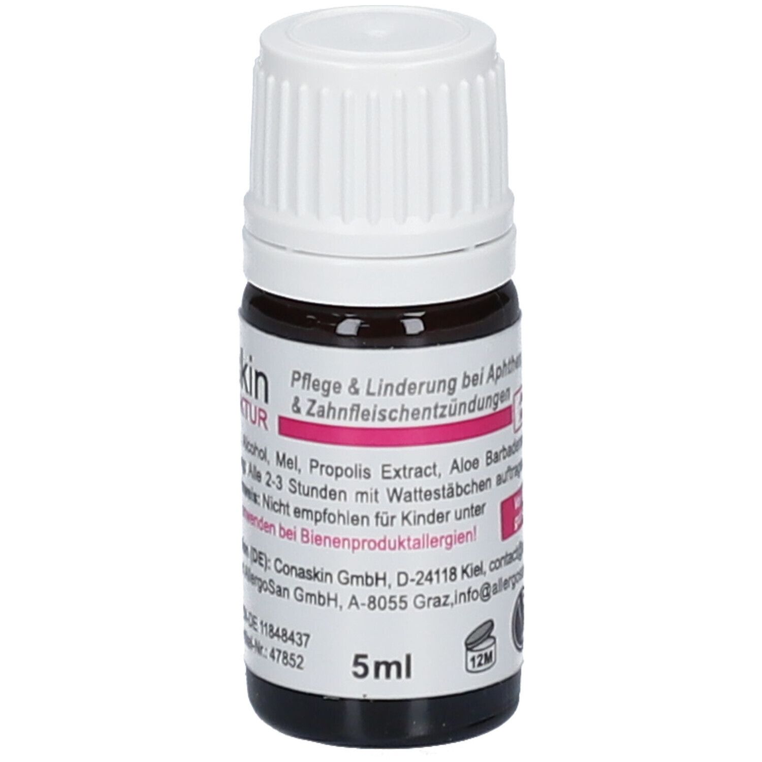 Bruine glazen fles met witte dop. Etiket met productnaam en ingrediënten. Volume: 5ml.