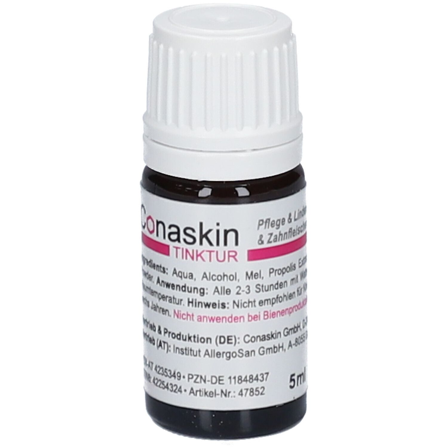 Bruine glazen fles met witte dop. Etiket met productnaam en ingrediënten. Volume: 5ml.