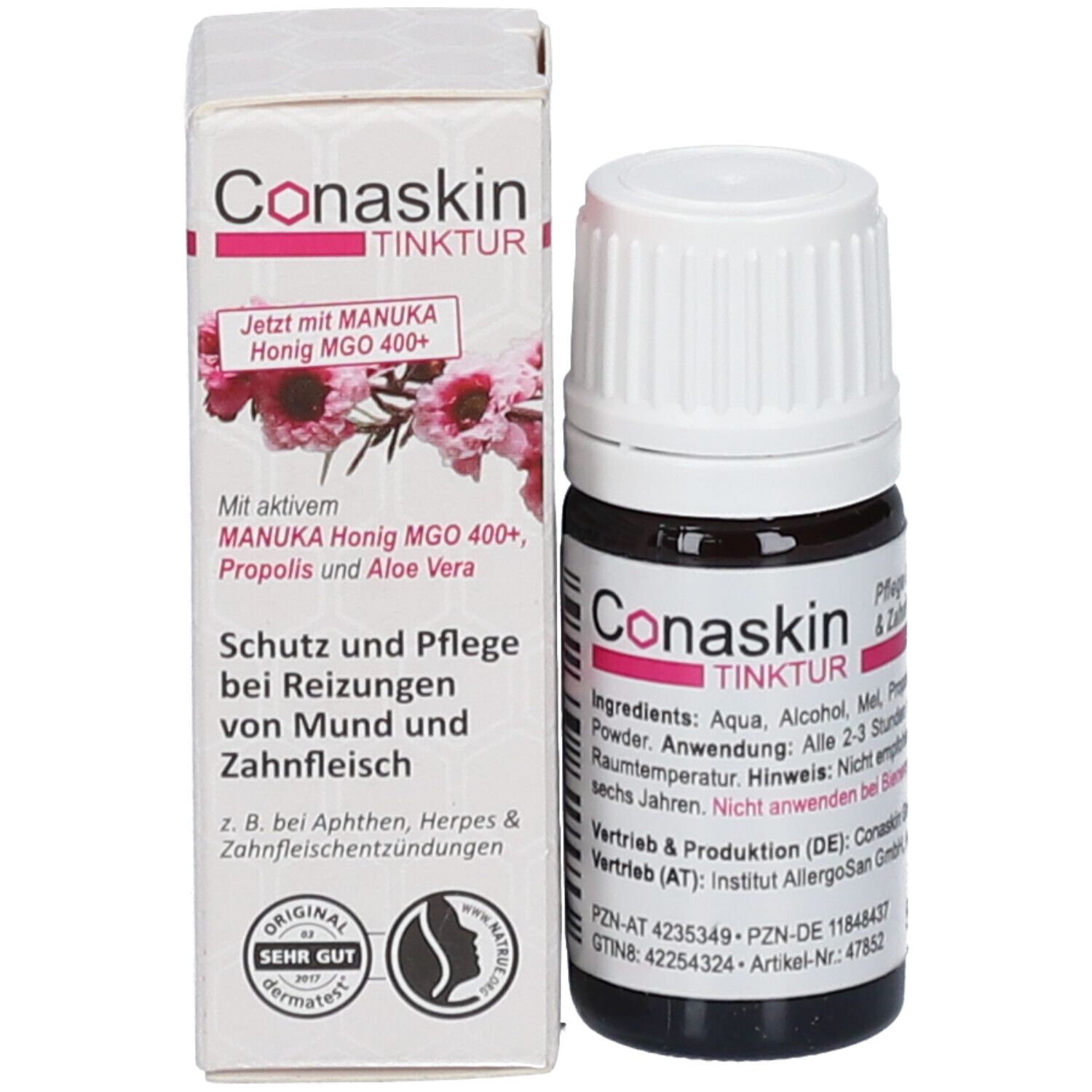 Productfles en verpakking. Verpakking met productnaam en ingrediënten. Certificeringslogo.