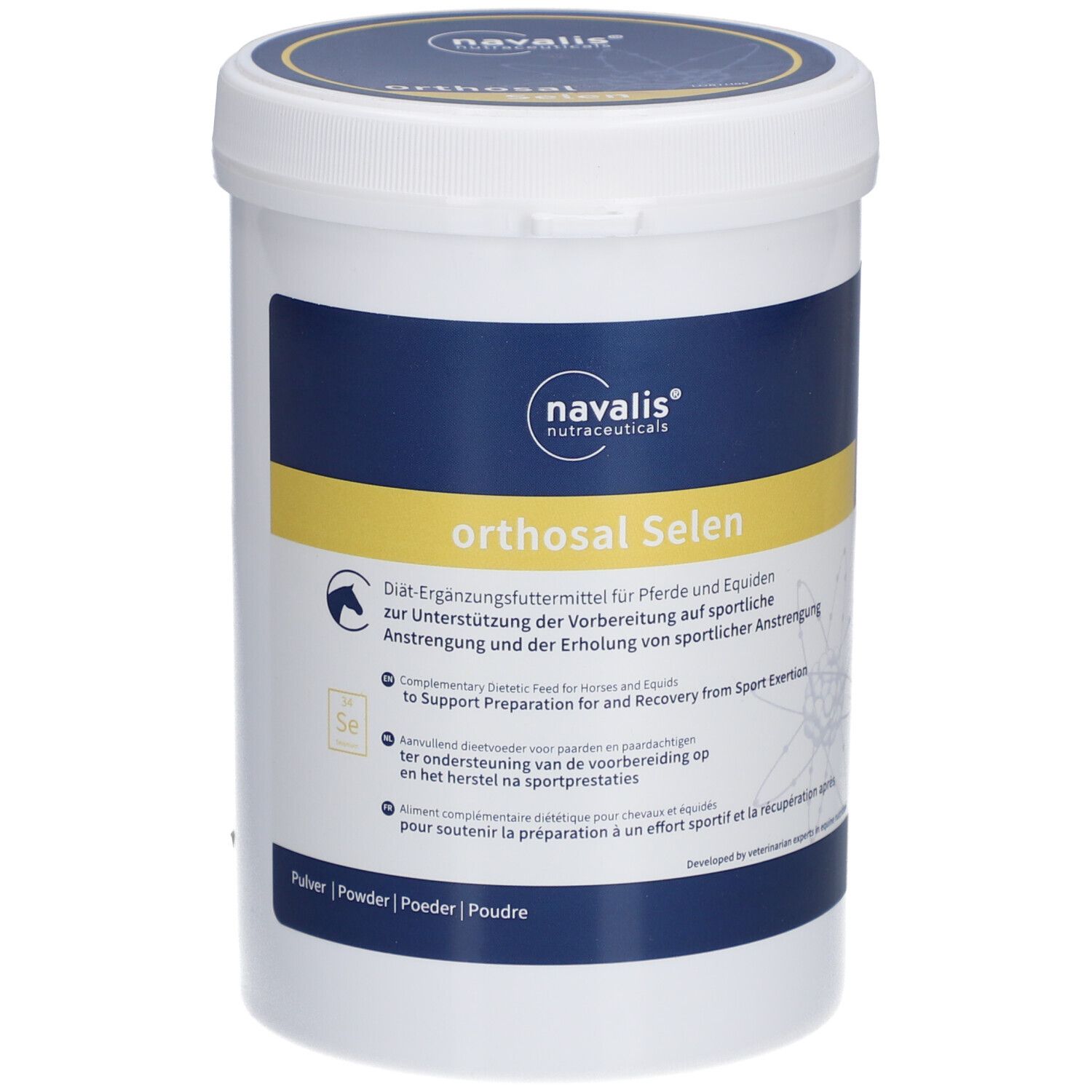 Seau blanc avec étiquette bleu et jaune. Inscription: orthosal Selen. Logo: navalis nutriceuticals.