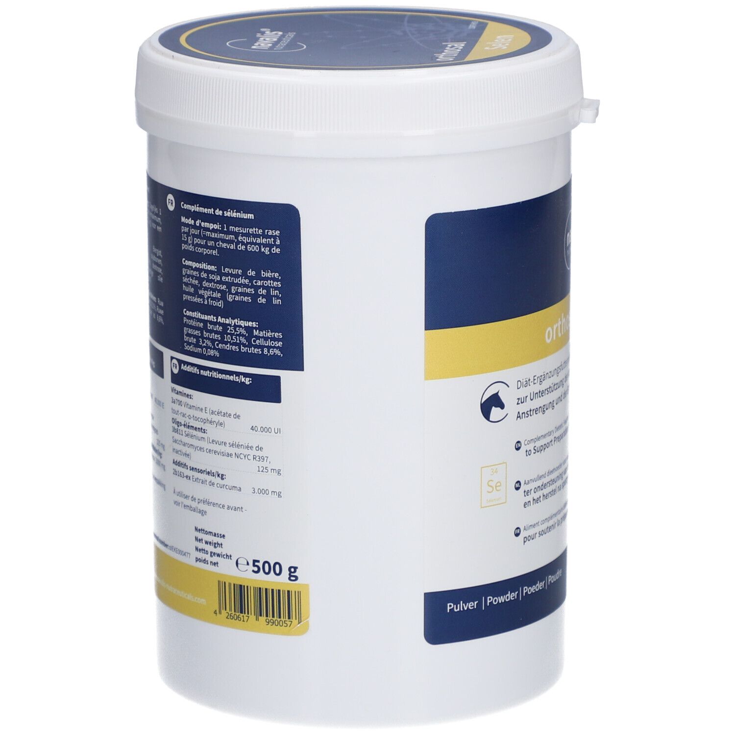 Seau blanc avec étiquette bleu et jaune. Inscription: orthosal Selen. Dos avec informations et valeurs nutritionnelles. Poids: 500 g.