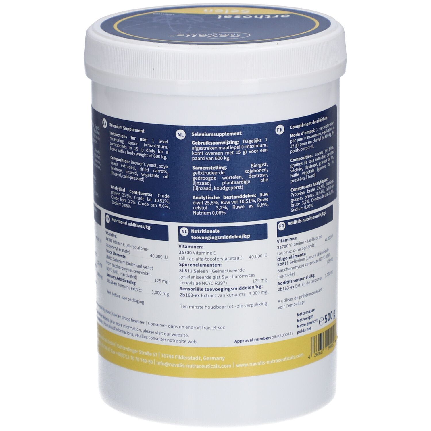 Seau blanc avec étiquette bleu et jaune. Dos avec informations et valeurs nutritionnelles. Poids: 500 g. Logo: navalis nutriceuticals.