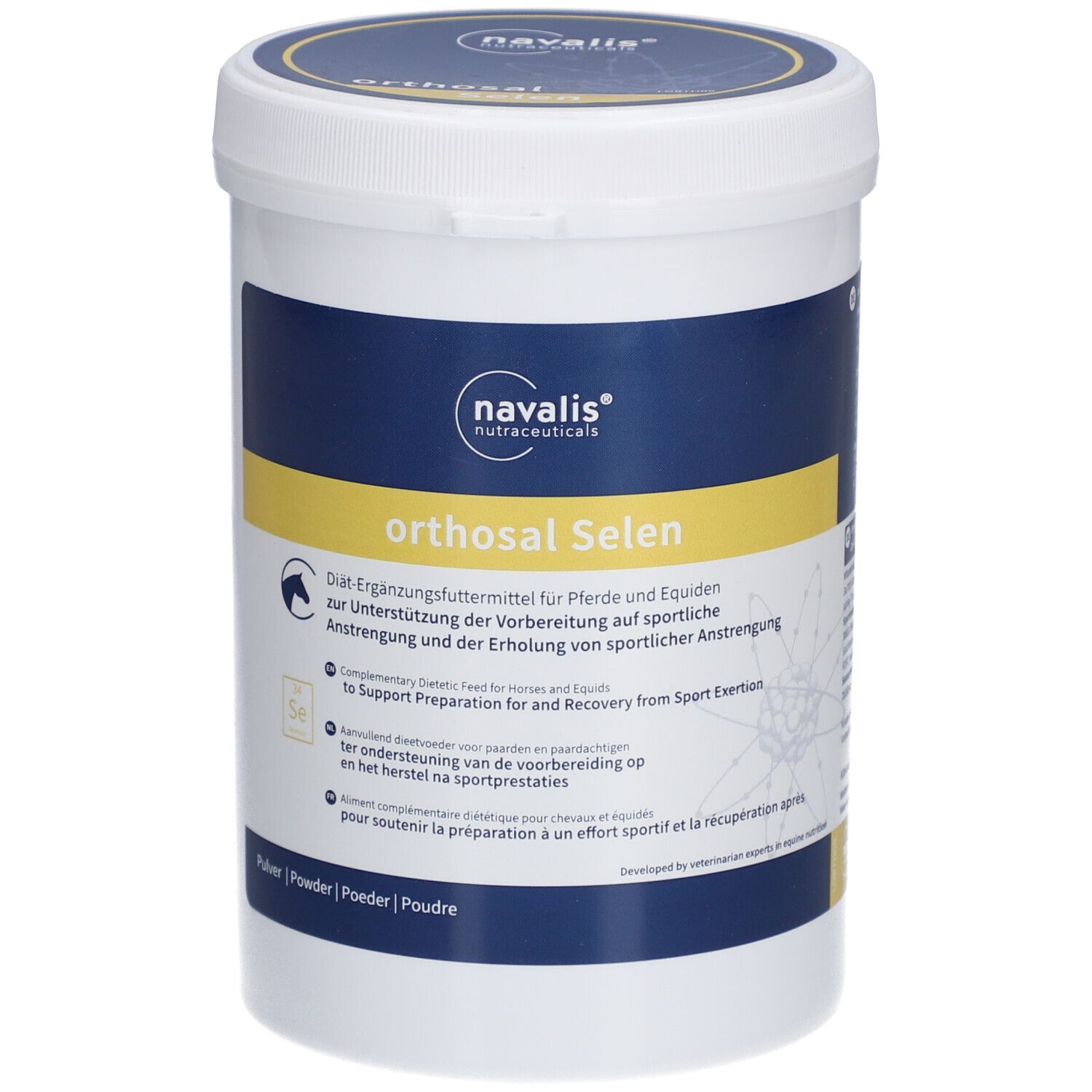 Seau blanc avec étiquette bleu et jaune. Dos avec informations et valeurs nutritionnelles. Logo: navalis nutriceuticals.