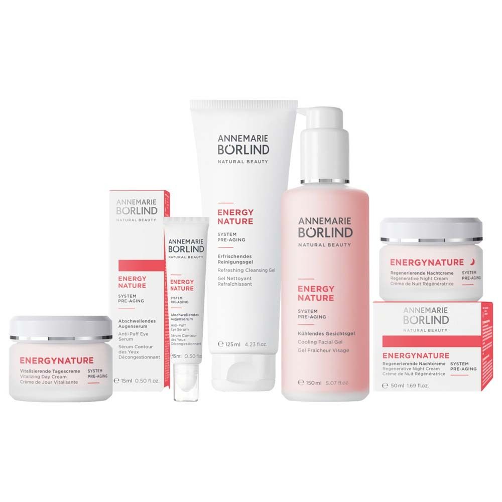 Diverse producten van ANNEMARIE BÖRLIND. Crèmes, gels, verpakkingen. Wit, roze, rood.