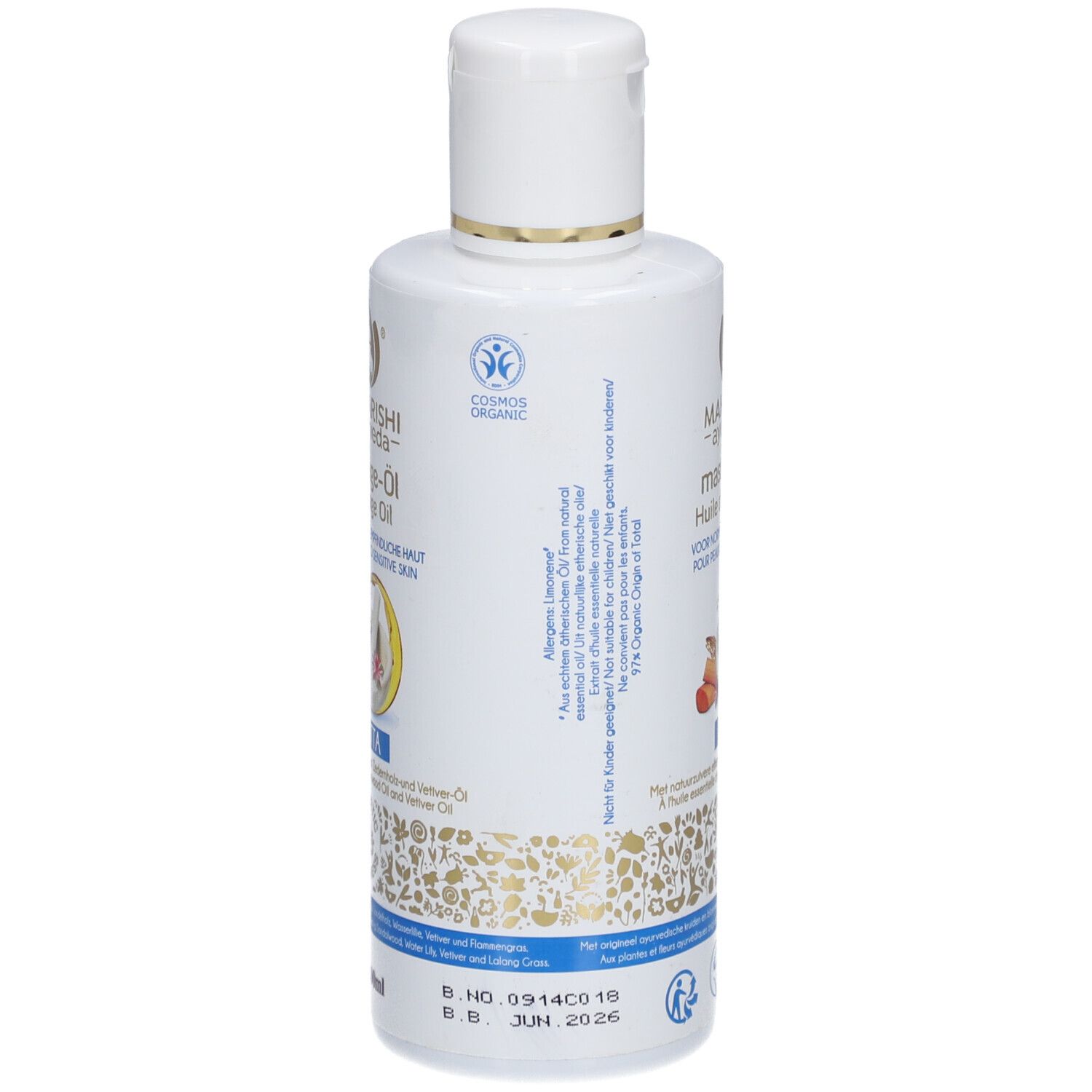 Bouteille blanche avec anneau doré sous le bouchon. Contient de l'huile cosmétique.
