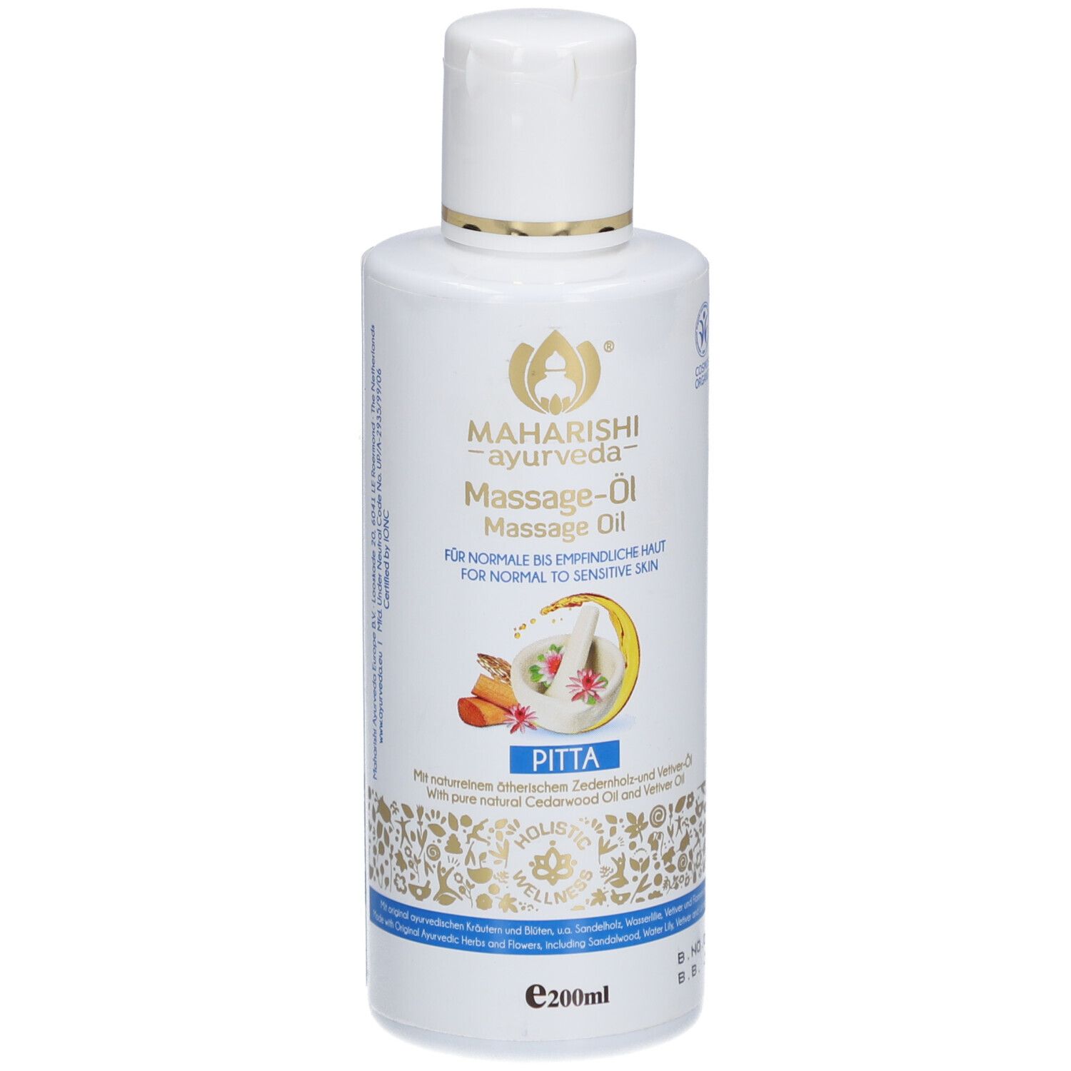 Bouteille blanche Maharishi Ayurveda Huile de Massage Pitta, 200ml.