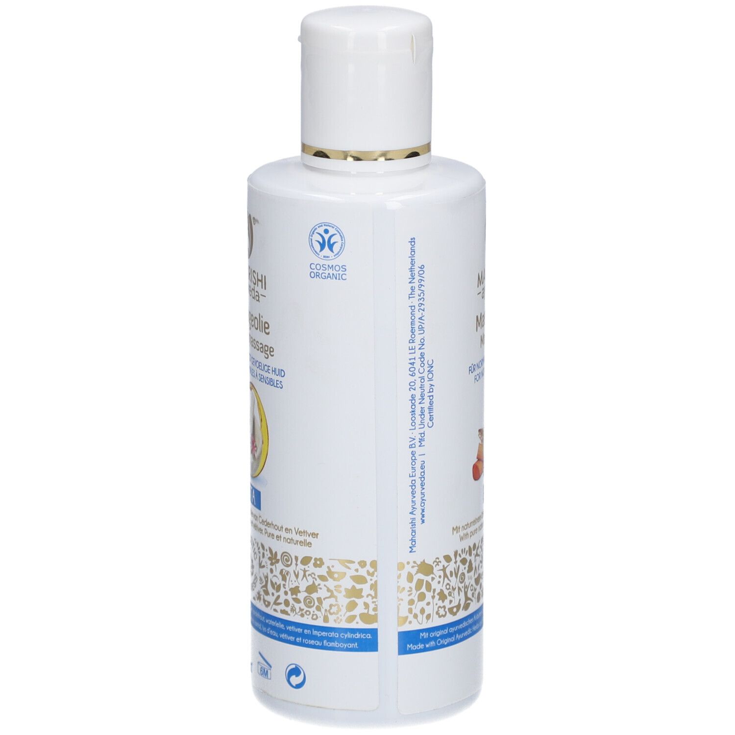 Bouteille blanche avec bouchon rabattable blanc, sceau COSMOS ORGANIC et motif or et blanc.