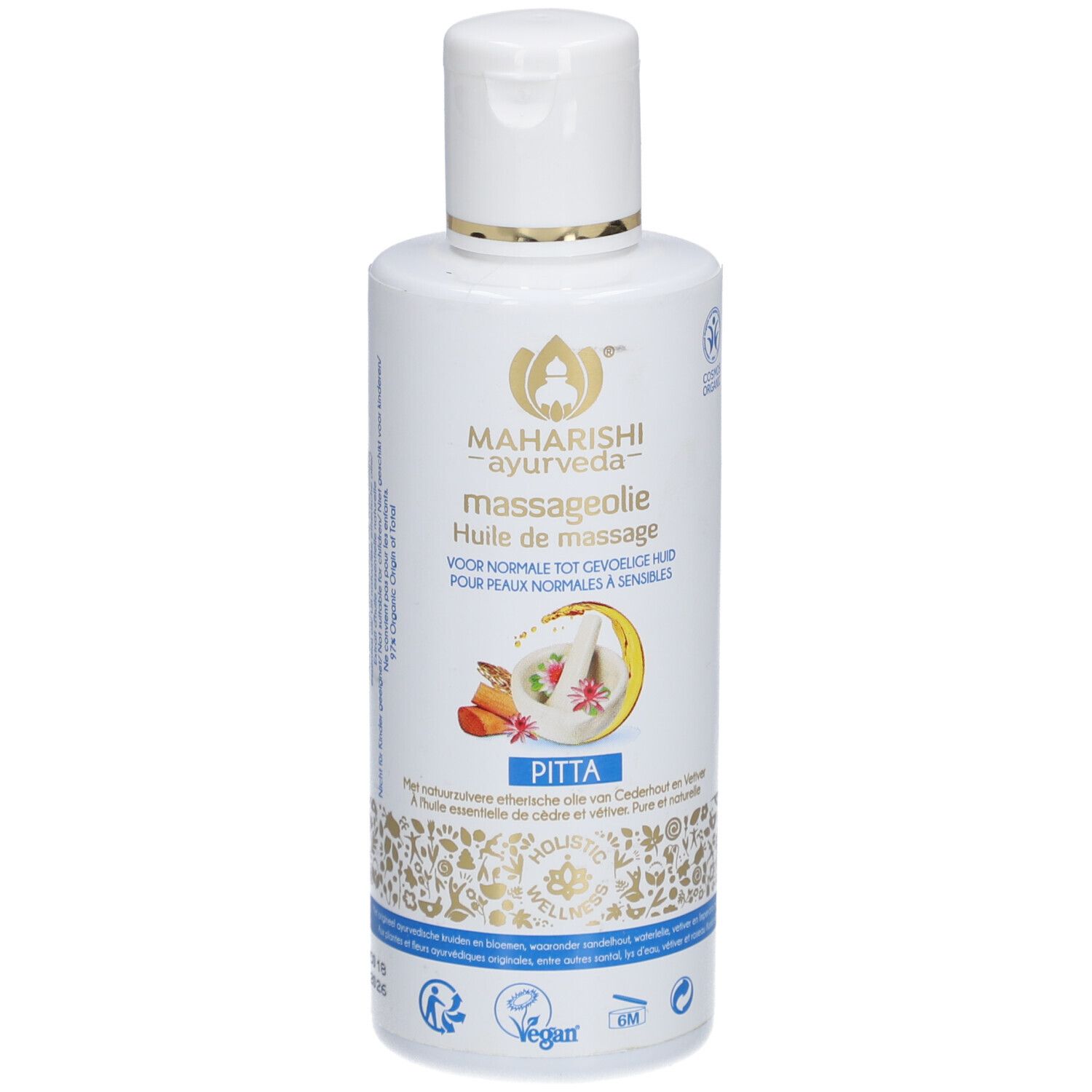 Bouteille d'huile de massage Maharishi Ayurveda Pitta avec bouchon rabattable. Comprend un sceau végétalien.