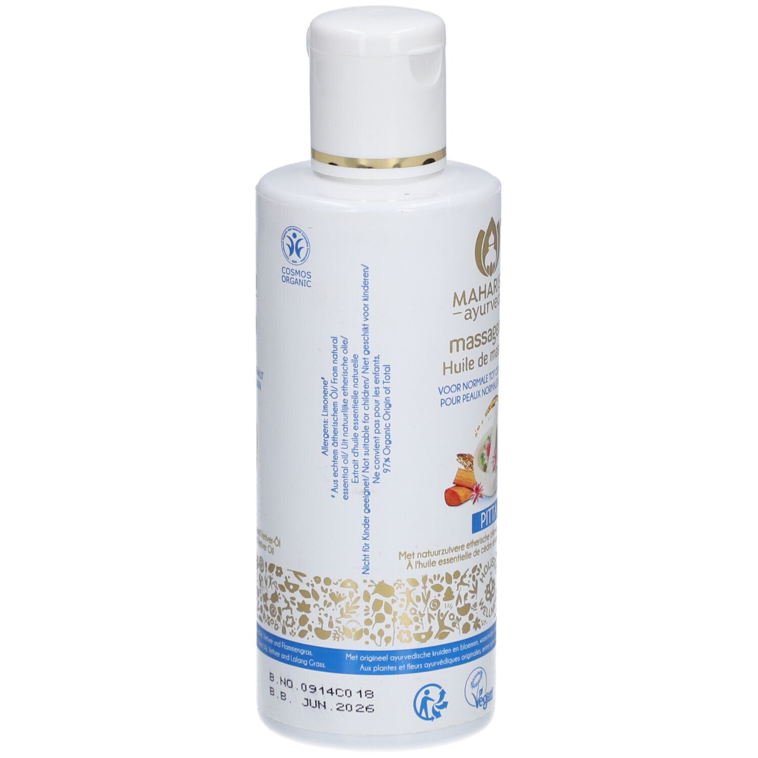 Bouteille blanche avec bouchon rabattable blanc, imprimée de motifs et textes ayurvédiques.
