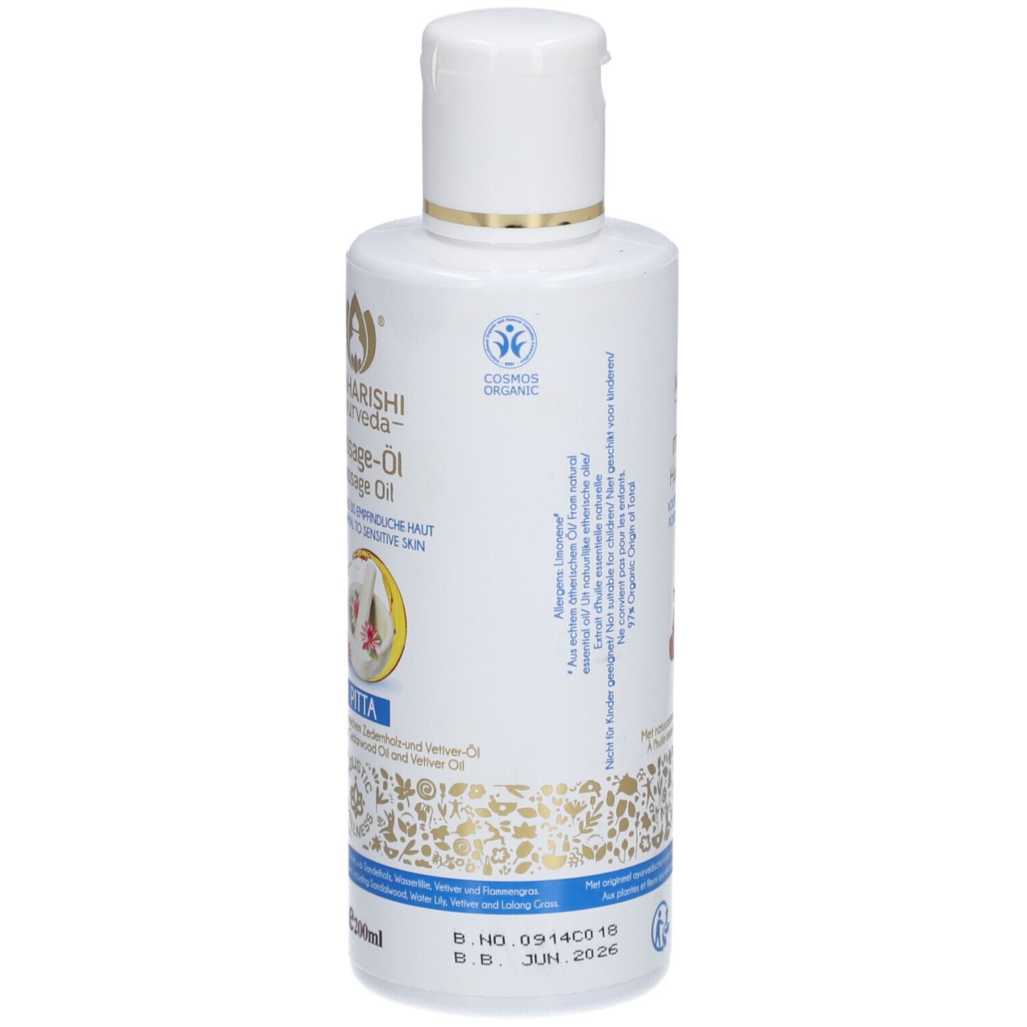 Flacon blanc d'huile de massage, label COSMOS ORGANIC, 200ml.