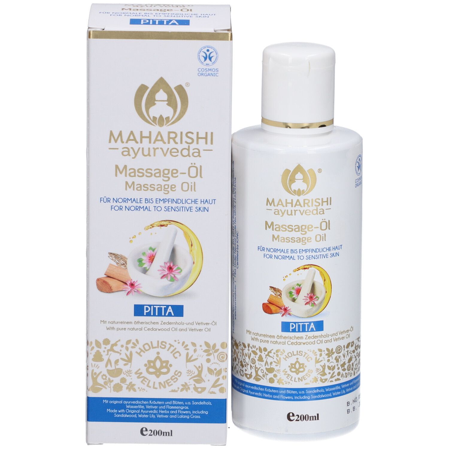 Huile de massage Maharishi Ayurveda Pitta, flacon et boîte de 200ml. Pour peau normale à sensible.