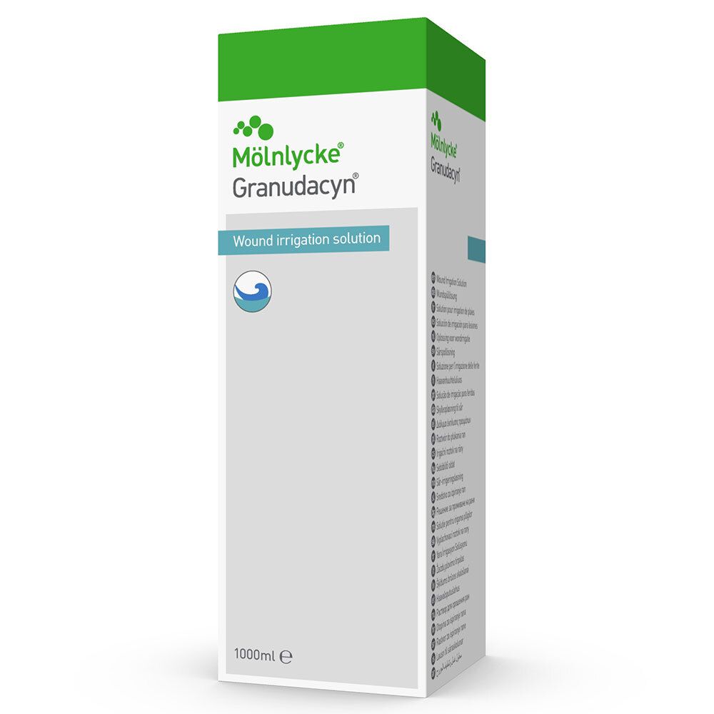 Doos van Mölnlycke Granudacyn wondspoeloplossing. Groen-witte verpakking met productnaam en logo. 1000ml.