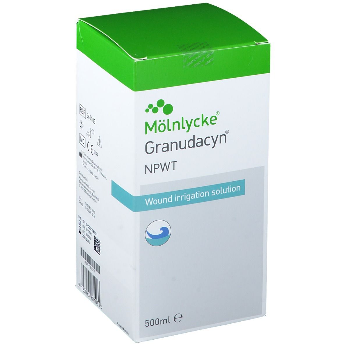 Boîte Mölnlycke Granudacyn NPWT. Emballage vert et blanc avec nom du produit et logo vague. 500ml.