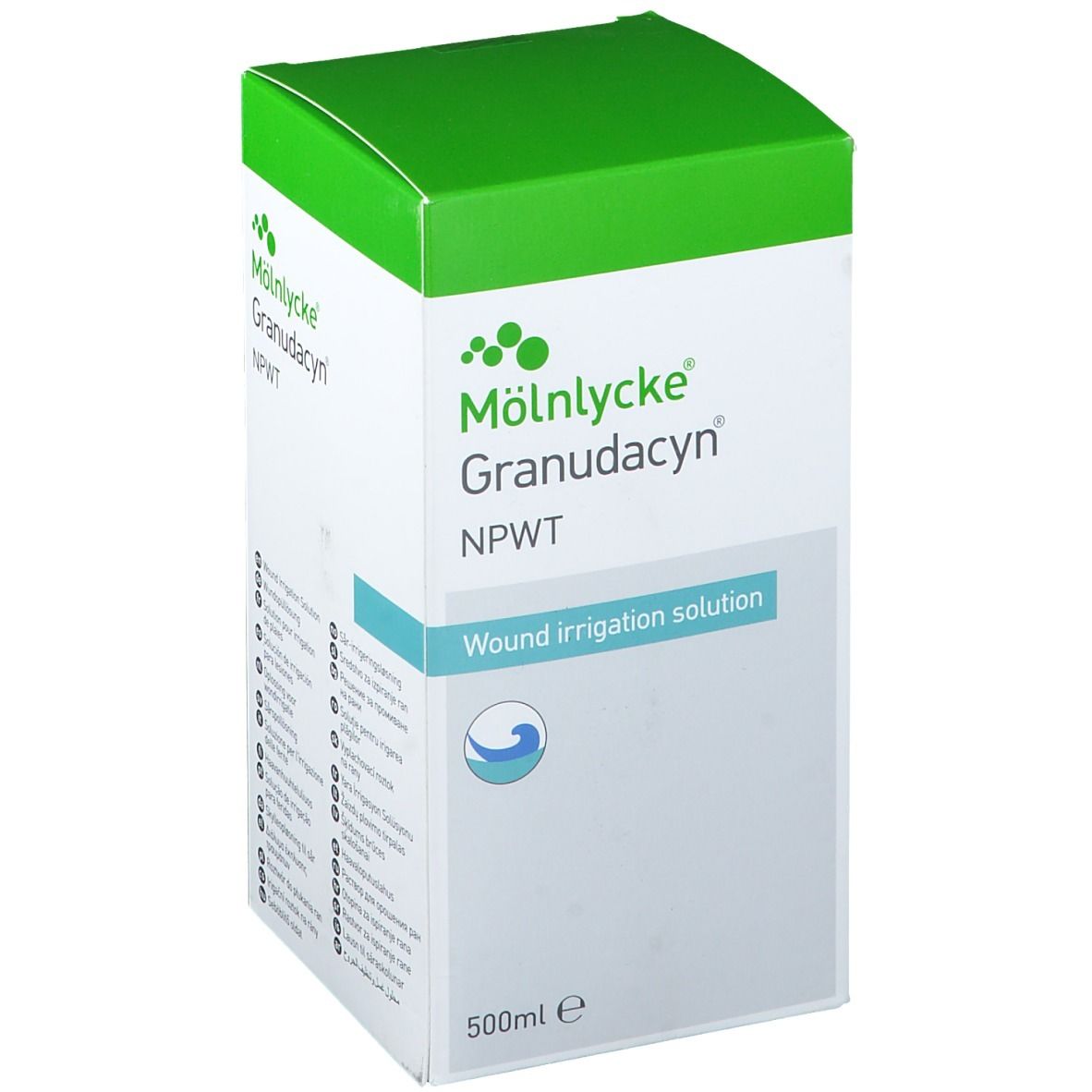 Boîte Mölnlycke Granudacyn NPWT. Emballage vert et blanc avec nom du produit et logo vague. 500ml.