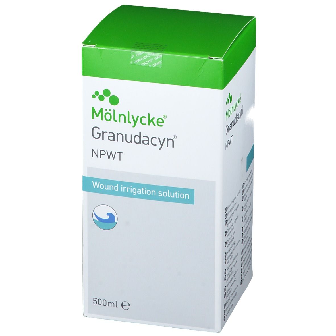 Boîte Mölnlycke Granudacyn NPWT. Emballage vert et blanc avec nom du produit et logo vague. 500ml.