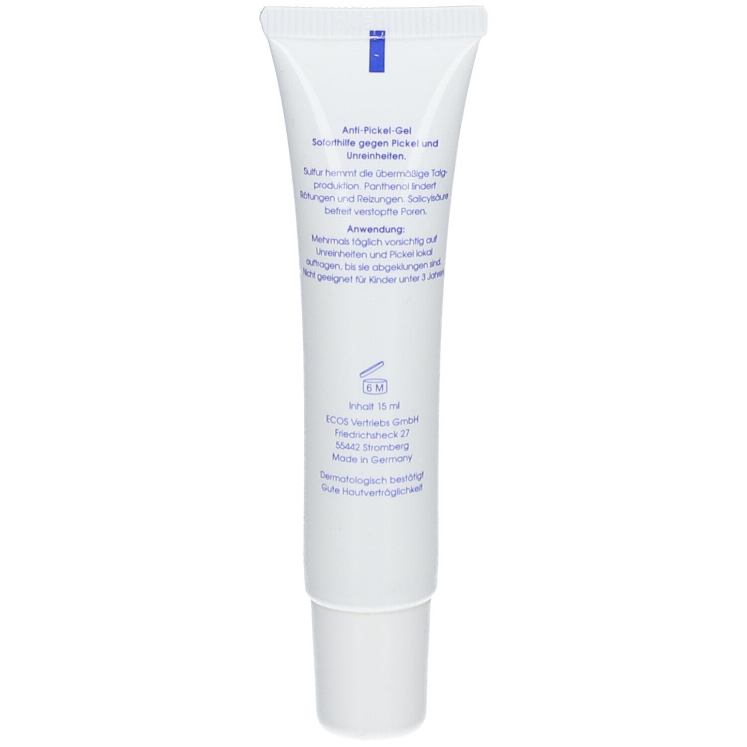Dos du tube. Texte: Anti-Pickel-Gel, instructions, ingrédients.