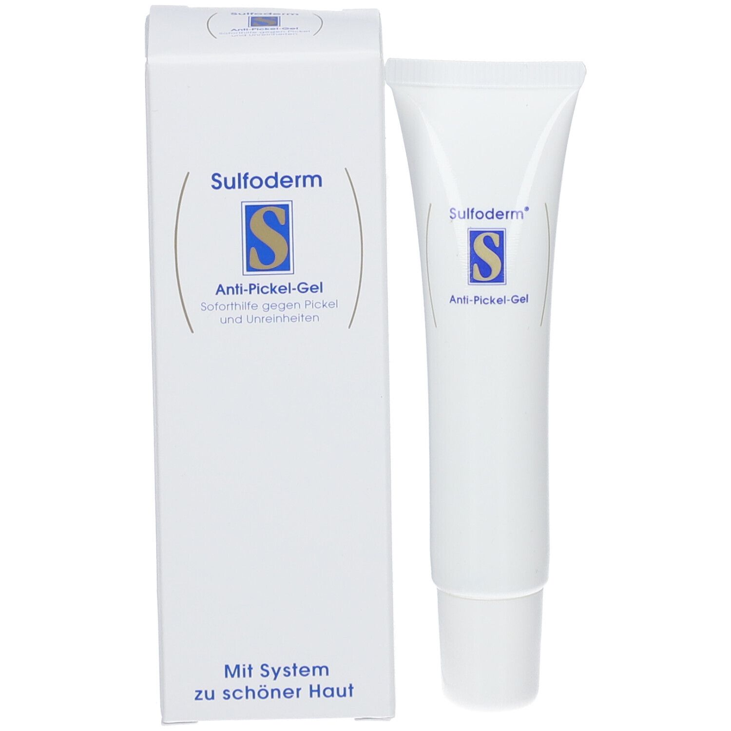 Sulfoderm® Anti-Pickel-Gel avec emballage. Tube et boîte côte à côte.