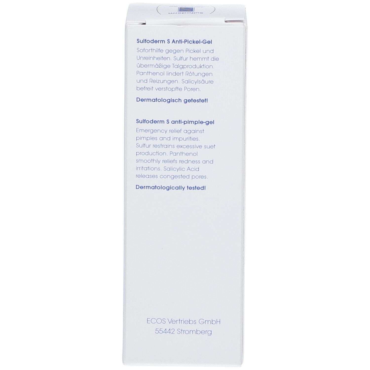 Texte sur la boîte: Sulfoderm® Anti-Pickel-Gel, ingrédients, testé dermatologiquement.