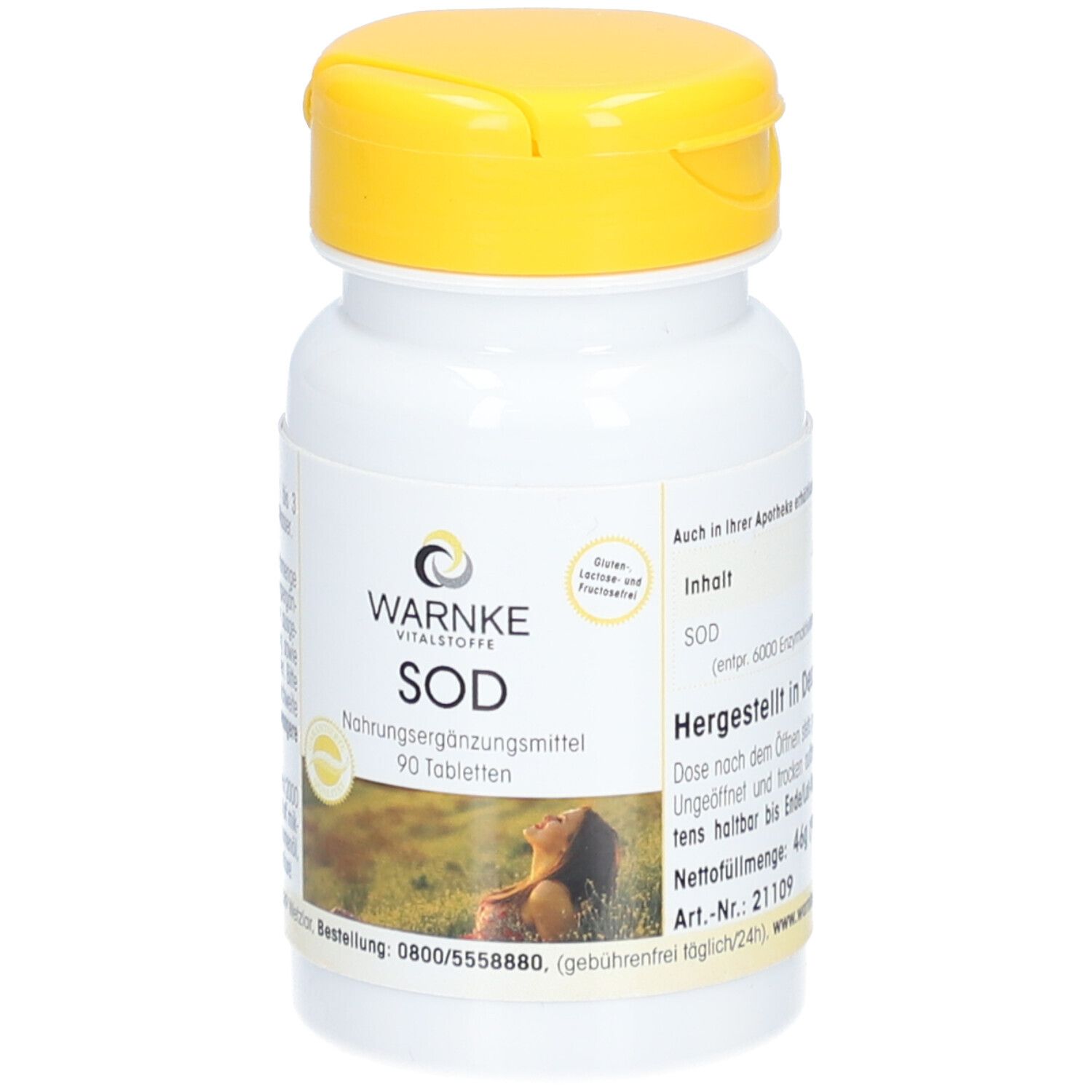 Flacon de comprimés blanc avec couvercle jaune. Inscription WARNKE SOD, complément alimentaire. 90 comprimés.