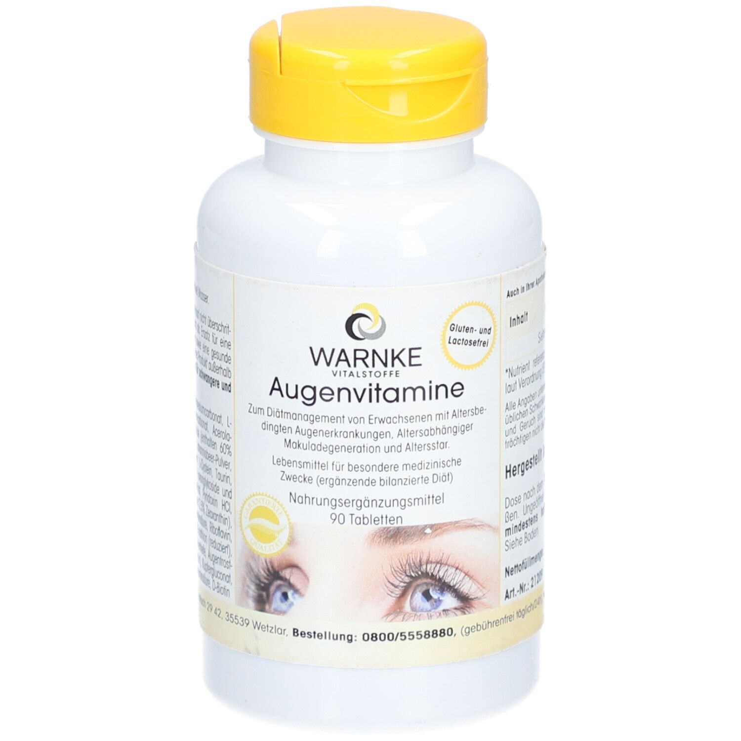 Flacon blanc à bouchon jaune. Inscription WARNKE Augenvitamine. 90 comprimés. Sans gluten ni lactose.