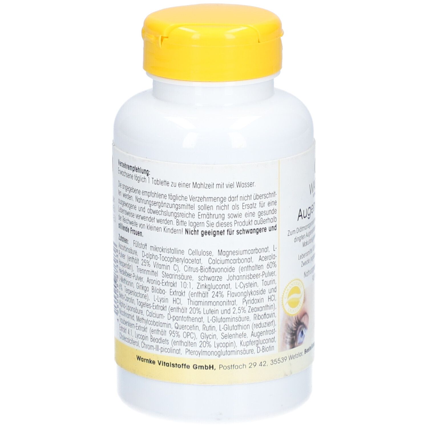 Dos du flacon blanc à bouchon jaune. Liste des ingrédients et recommandations. WARNKE Vitalstoffe.