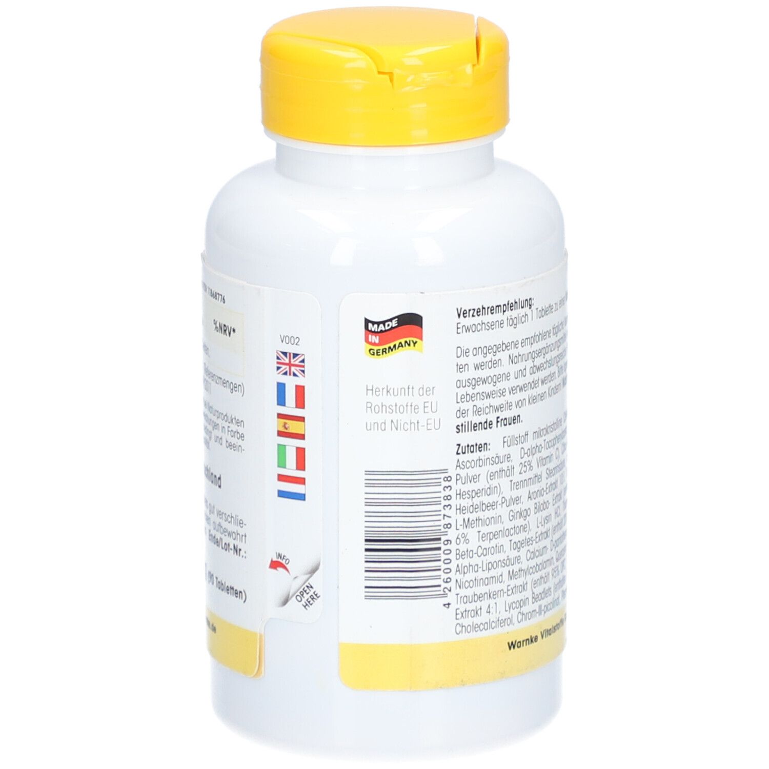 Dos du flacon blanc à bouchon jaune. Pays d'origine : Allemagne. Avec drapeaux des pays de l'UE.